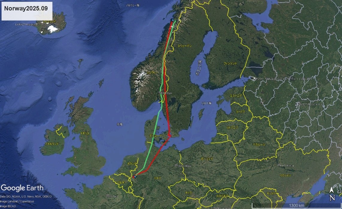 行きは緑、帰りは赤。